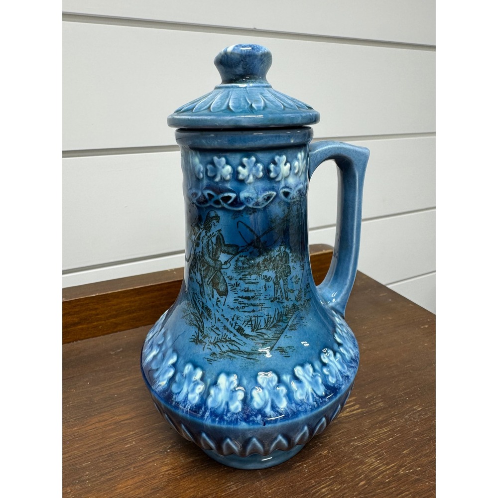 Vintage Blue Glazed Ceramic Pitcher with Lid Fisherman Scene Embossed Pottery